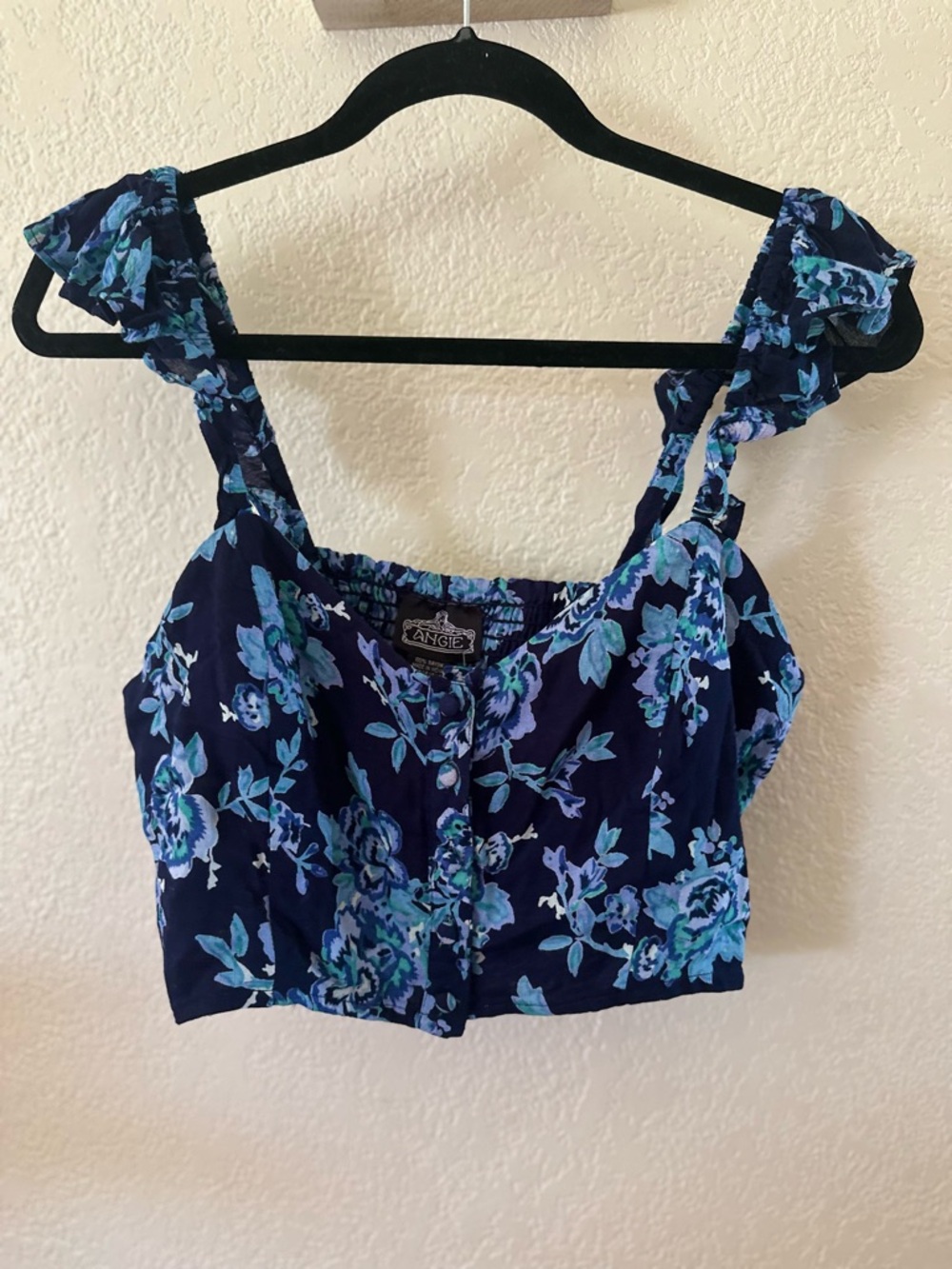 Angie Navy Floral Ruffle-Strap Crop Top